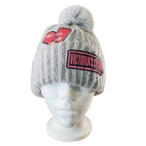 Victoria's Secret Winter Angel Beanie with Glitter Heart Patch Gray Pom Pom